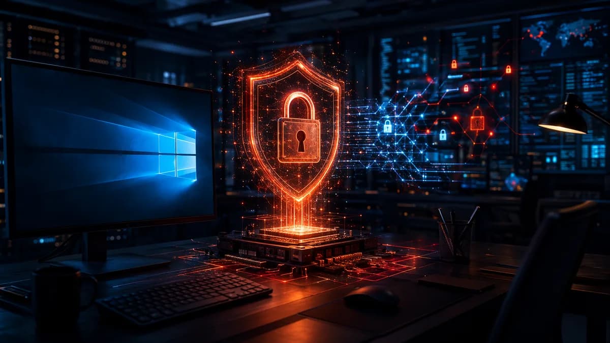 Cybersecurity hero showing a blocked Secure Boot update with shield, lock, firmware core, and data streams.