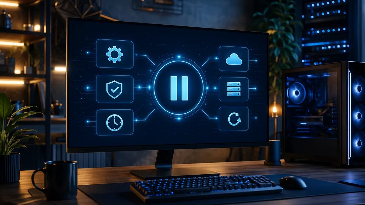 Modern PC workspace with abstract pause update controls and glowing system dashboard