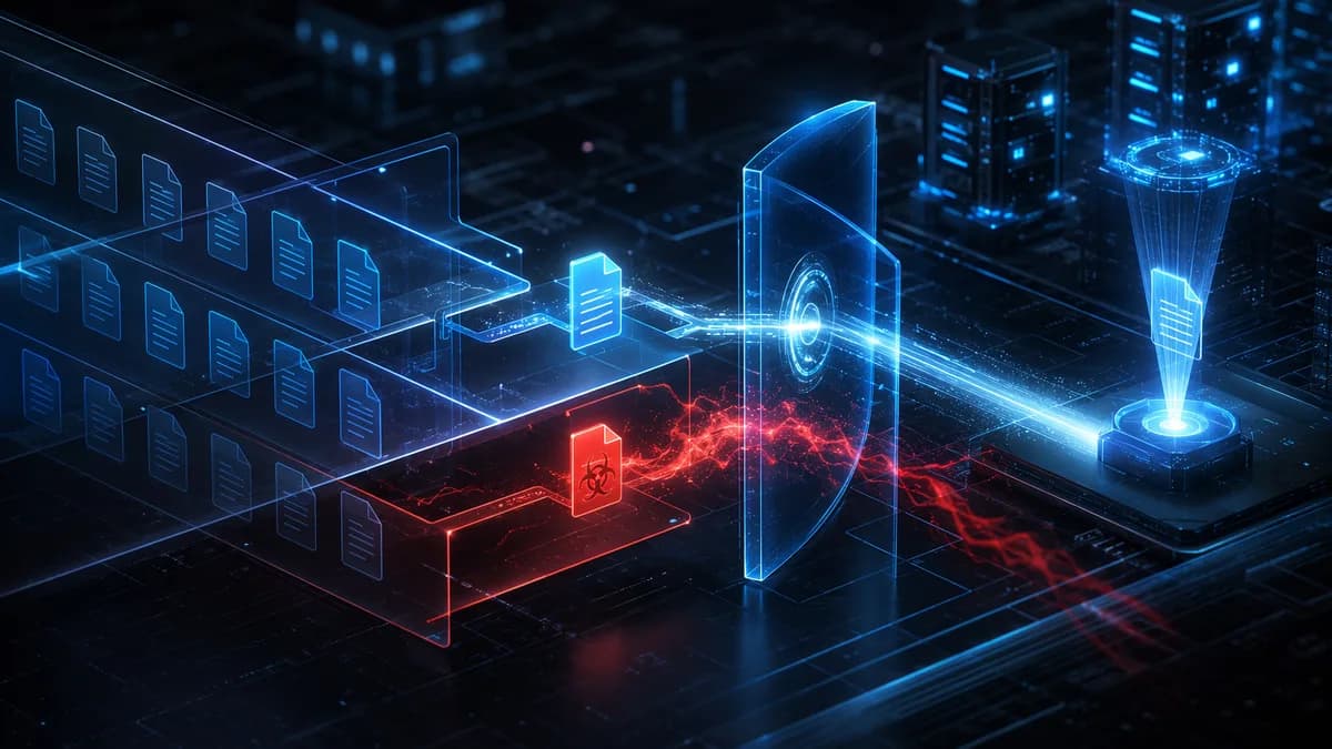 Split file-system layers hide malware from endpoint scanning in a dark cybersecurity scene.