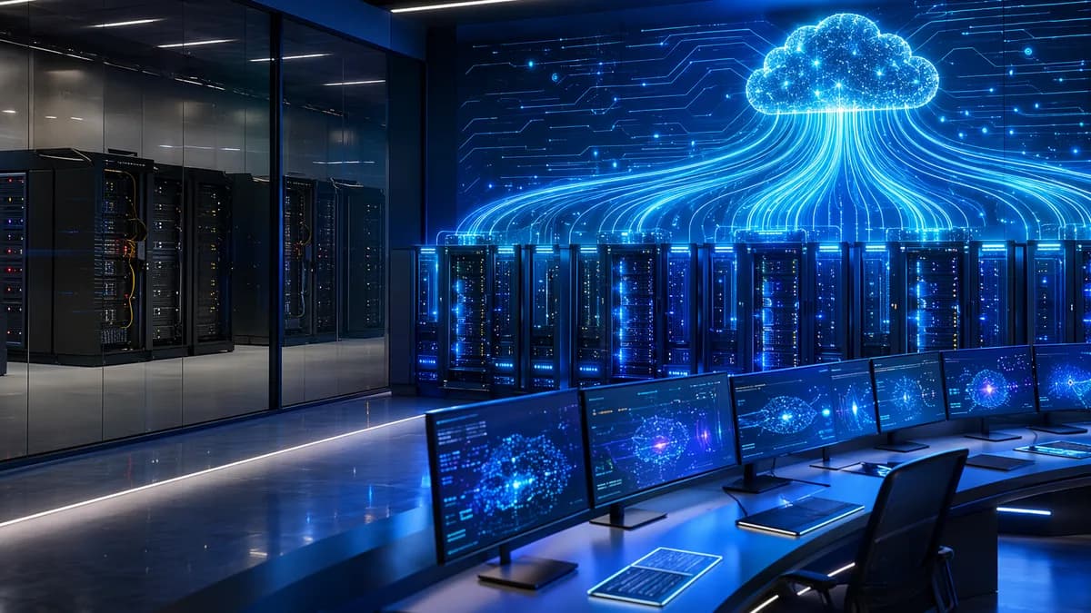 Cloud servers receiving live updates while isolated on-prem racks sit behind glass in a futuristic control room.