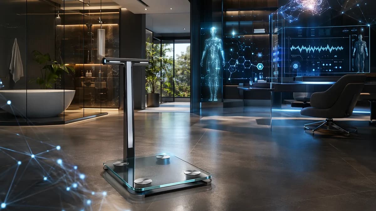 Premium smart health scale in a futuristic home wellness tech setting with biometric visuals.