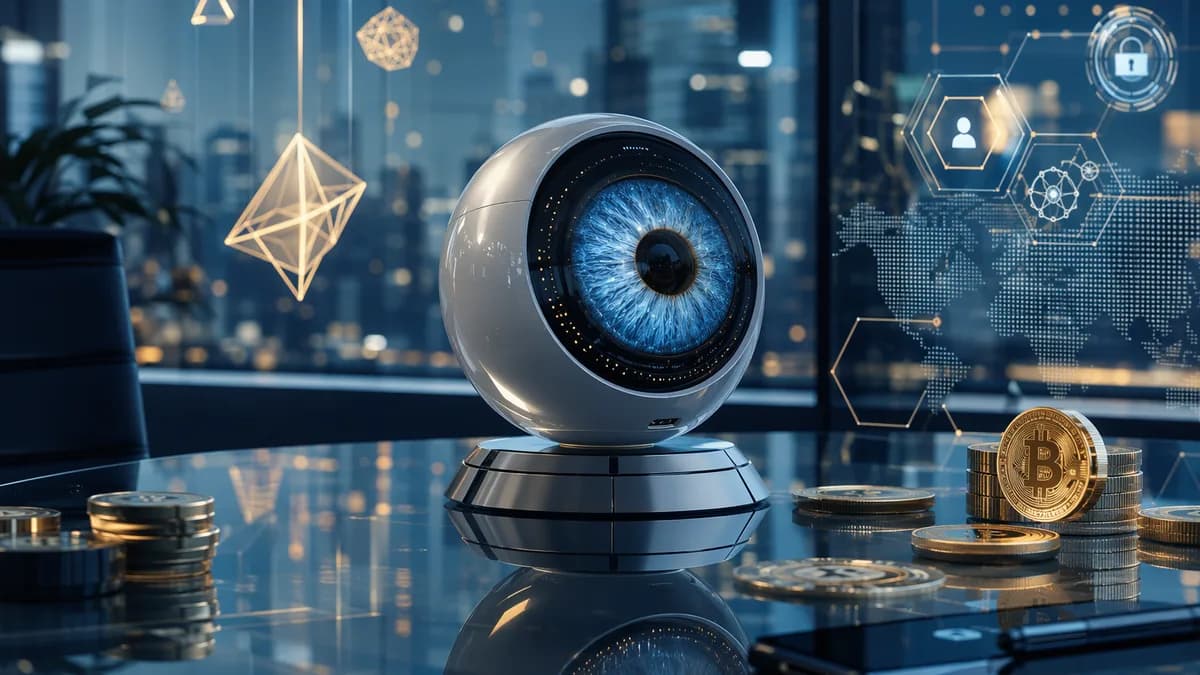 Futuristic biometric iris scanner with crypto and digital banking visuals in a modern fintech scene
