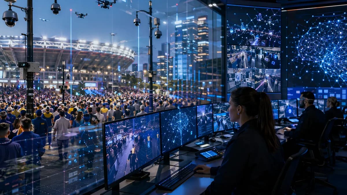 Soccer fans, city cameras, drones, and an AI surveillance control room in a futuristic urban scene.