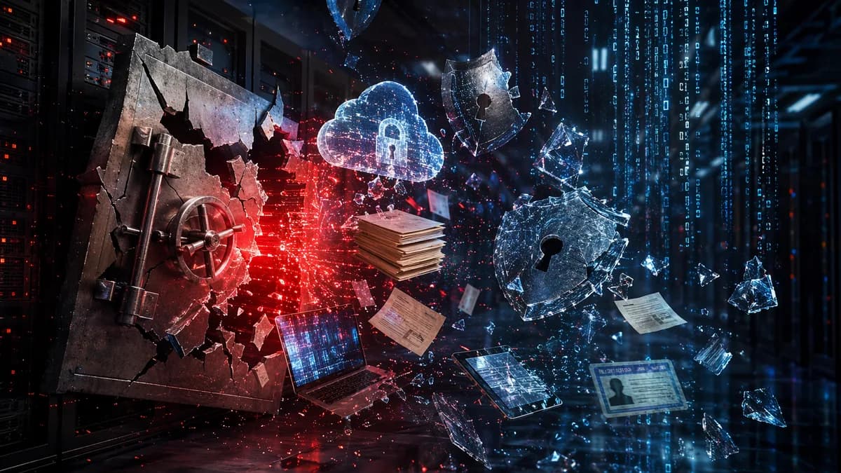 Dark cybersecurity scene with broken shields, locks, data shards, and ransomware breach imagery.