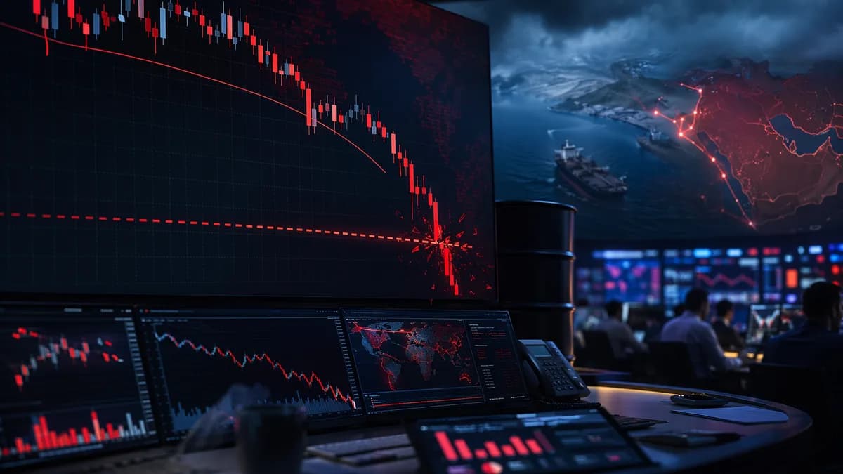 Bearish oil trading scene with crude barrel, market charts, and modern trading floor visuals