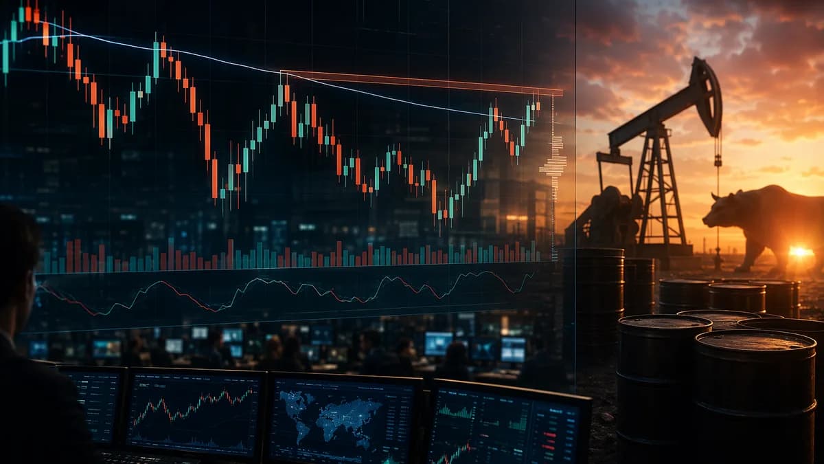 Crude oil trading screens show WTI price action near resistance with oil barrels and market visuals.