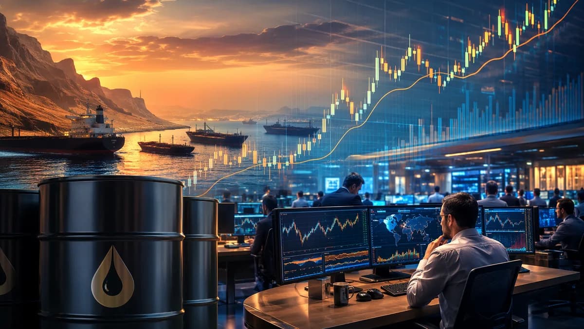 Oil barrels, tanker silhouettes, and rising market charts on a modern trading floor.