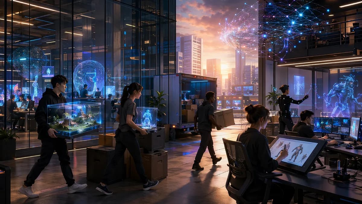 Futuristic game studio teams move glowing game worlds from a corporate tower into independent creative spaces.
