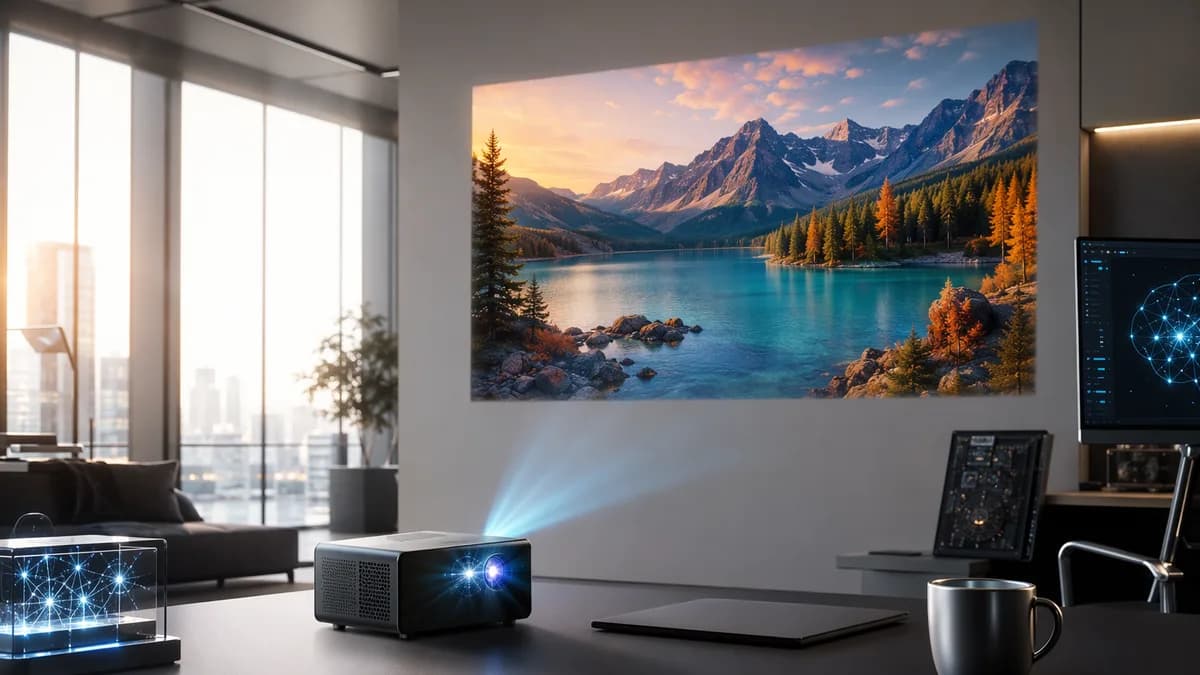 Compact laser projector casting a sharp image in a bright futuristic tech workspace.
