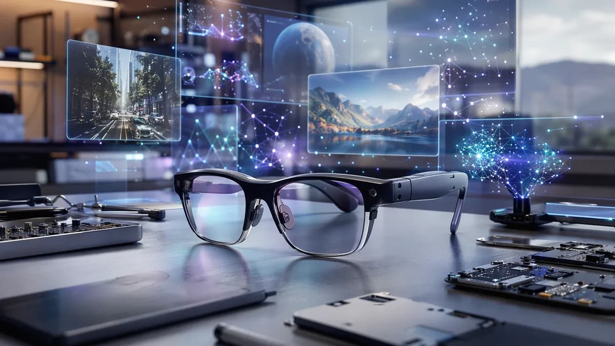 Sleek AR glasses on a futuristic desk with glowing virtual screens and neural network visuals.