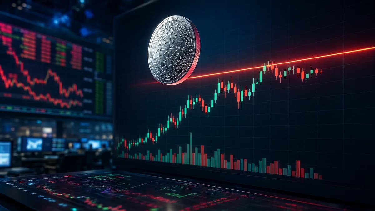 Generic crypto coin over stalled trading charts with fading volume in a modern market data scene.