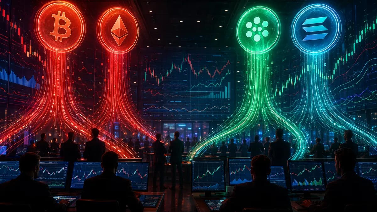 Crypto trading floor showing capital rotating from major ETF losses into rising altcoin funds