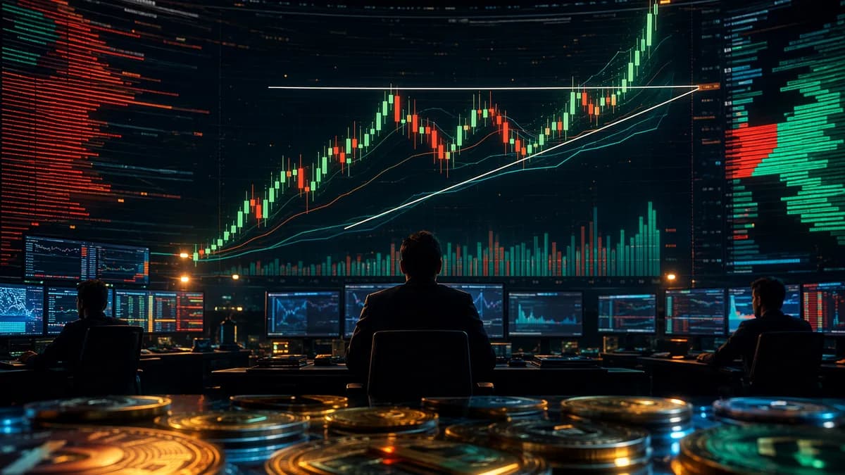 Crypto trading desk with bullish chart triangle breakout and abstract market data visuals