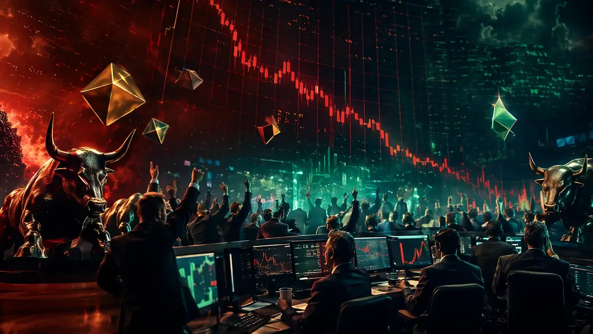 Crypto trading floor with falling charts and bullish silhouettes signaling market sentiment risk