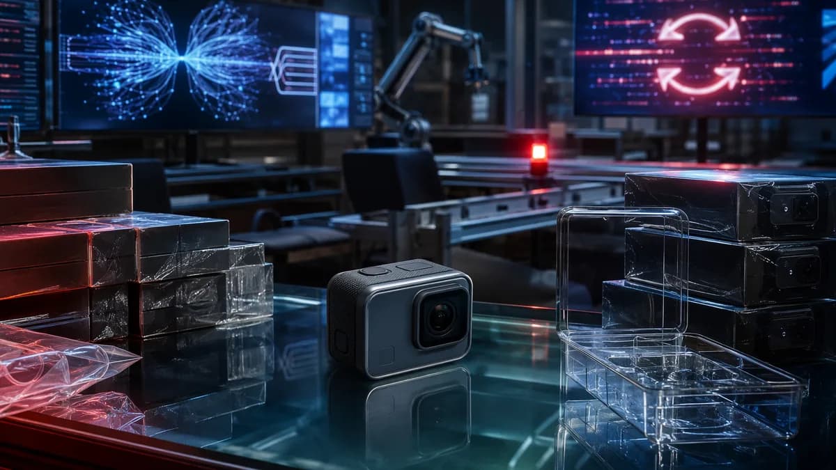 Generic action camera prototype in a futuristic tech studio, symbolizing halted preorders and refunds.