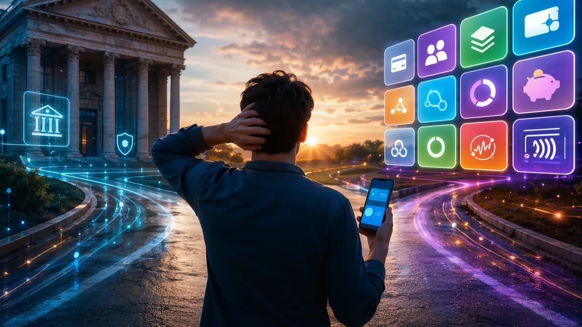 Consumer compares generic banking app and payment alternatives amid digital transaction visuals.