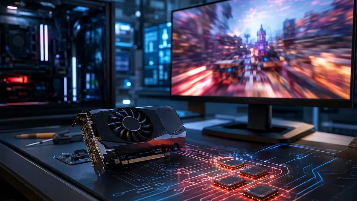 Compact budget graphics card in a futuristic tech lab with glowing circuits and abstract gaming visuals