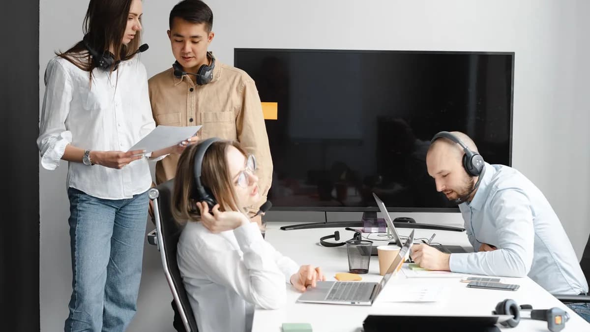 Diverse team of professionals collaborating in a modern office with tech gadgets and headsets.
