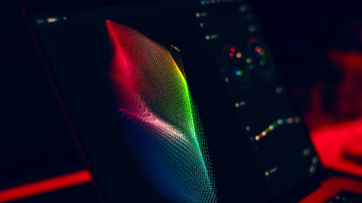 Close-up of vibrant digital art in red, green, and blue displayed on a monitor screen.
