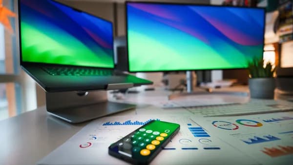 Contemporary office desk featuring a laptop, smartphone calculator app, and business graphs.