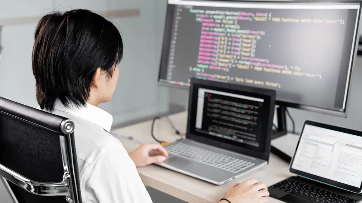 A software developer working on code with multiple screens in a modern office setting.