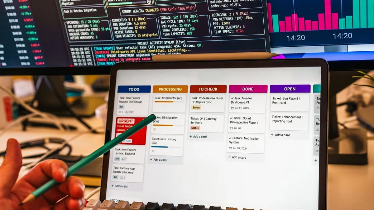 Detailed view of a business workflow setup with tablet and multiple screens displaying data charts.