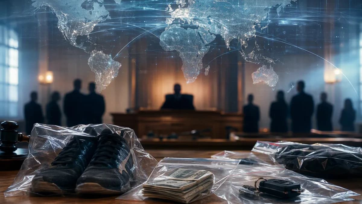 Courtroom evidence scene with cash, car key, track shoes, and global map overlay