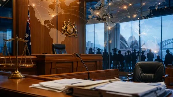 Solemn Sydney courtroom with scales, reporters, and global map overlay for high-profile trial coverage