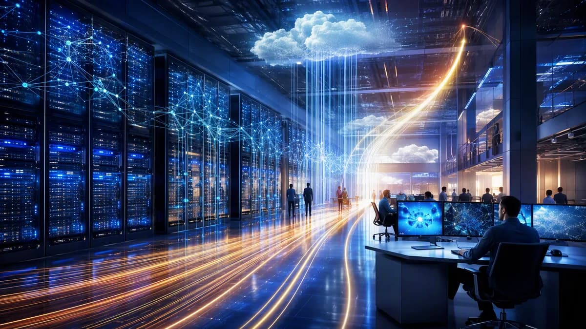 Cloud data center with AI networks and glowing infrastructure symbolizing profitable AI hosting
