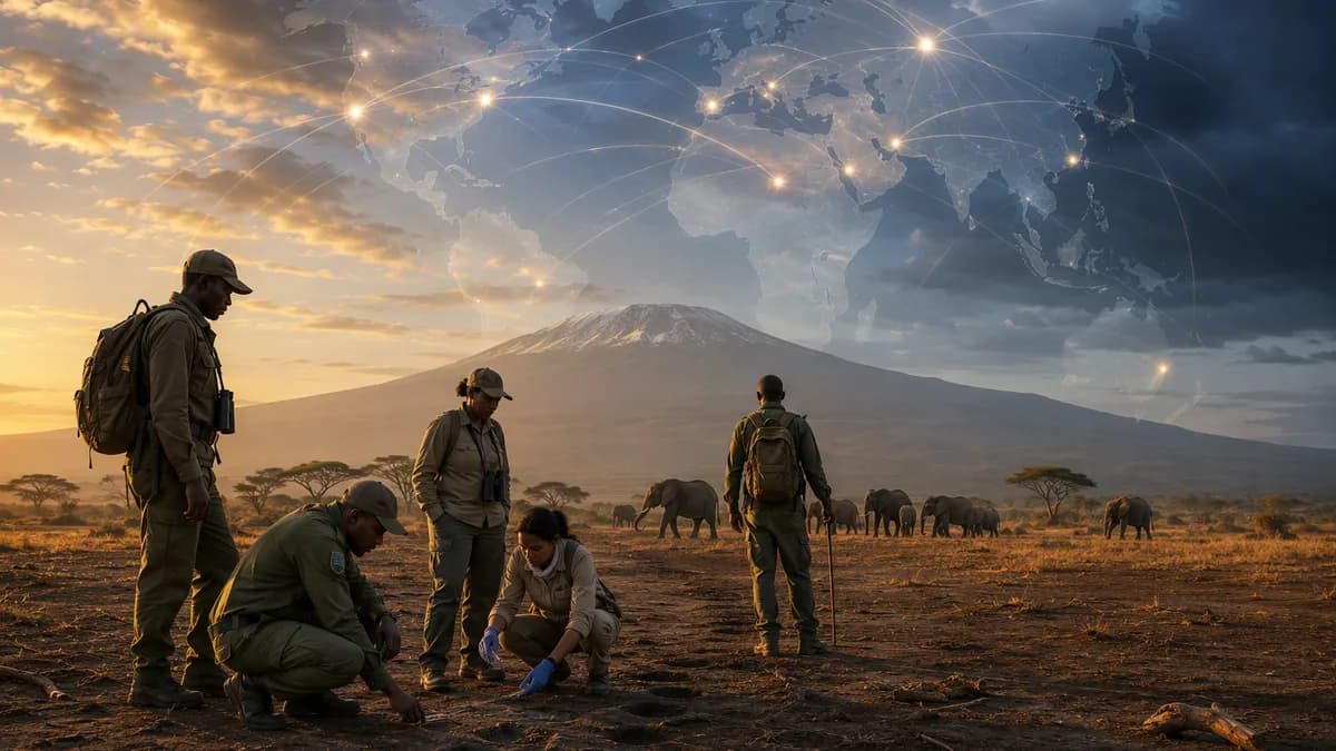 Rangers investigate an elephant herd on the Kenyan savanna amid a global conservation crisis.