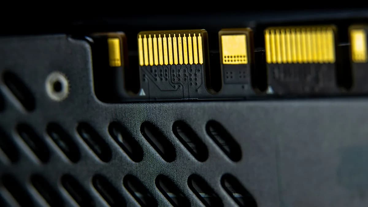 Detailed close-up of a computer component showing connectors and circuitry.