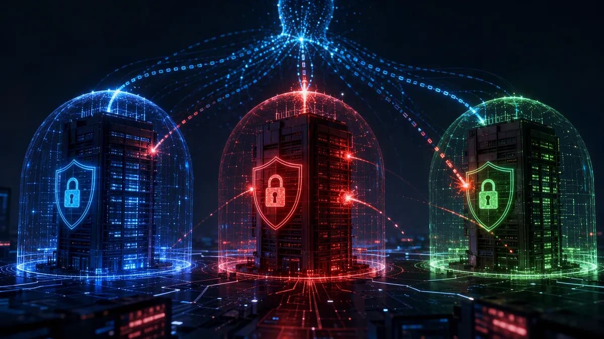 AI cyber intrusion visual with shields, locks, code streams and three corporate networks under attack