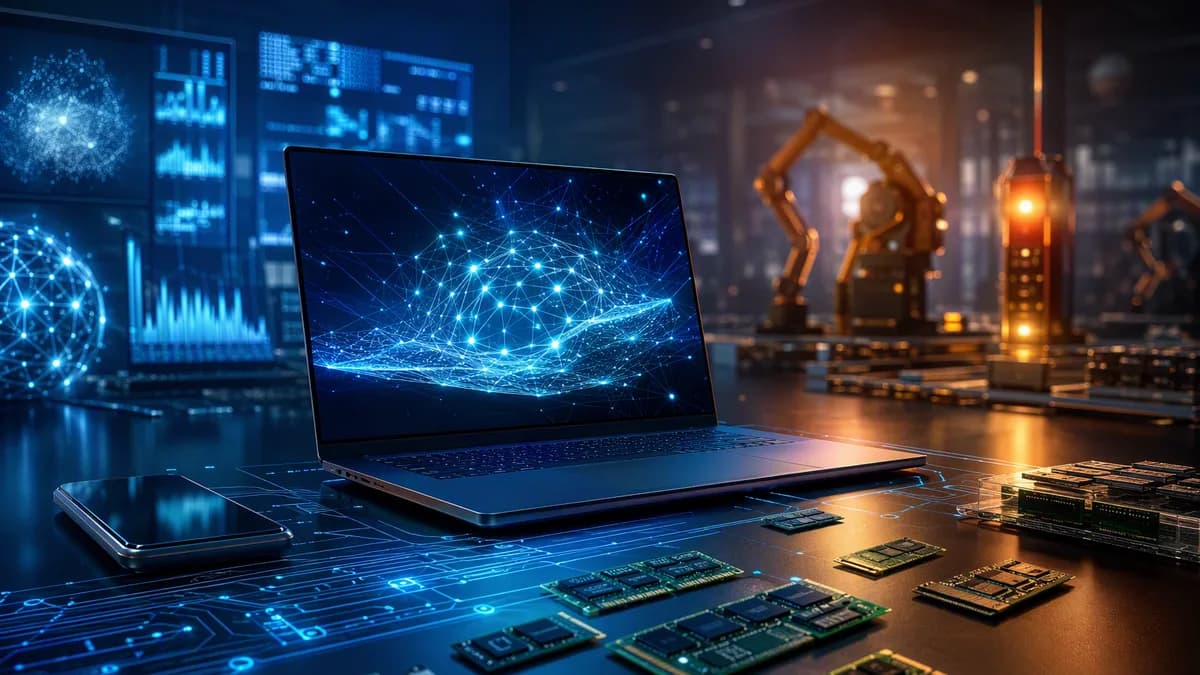 Unbranded smartphone and laptop amid glowing memory chips in a futuristic tech workspace.