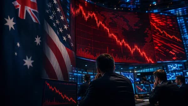 Forex trading floor with red falling chart suggesting Australian dollar weakness versus a stronger US dollar.