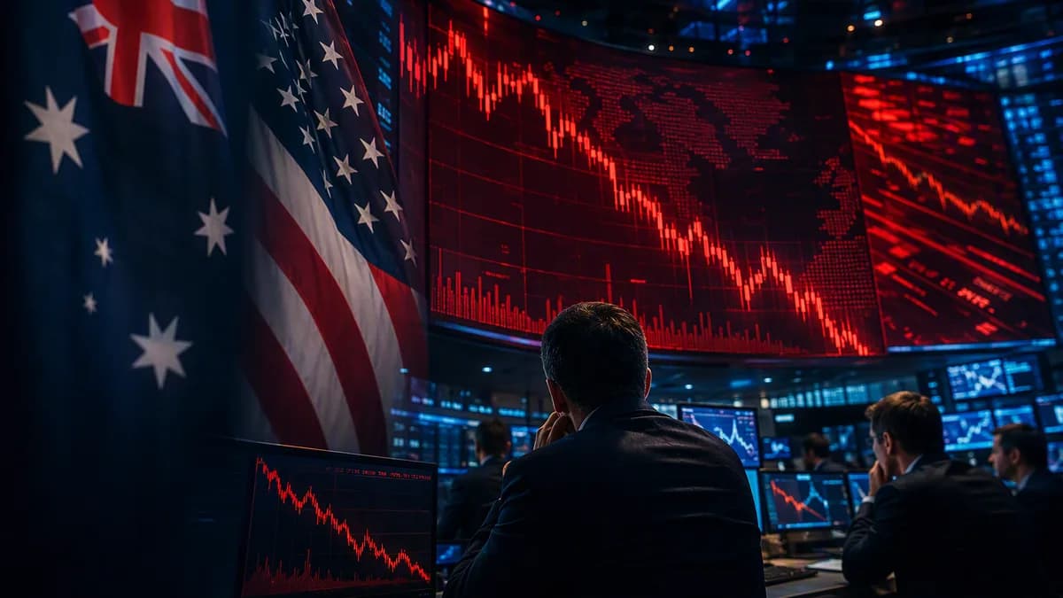 Forex trading floor with red falling chart suggesting Australian dollar weakness versus a stronger US dollar.