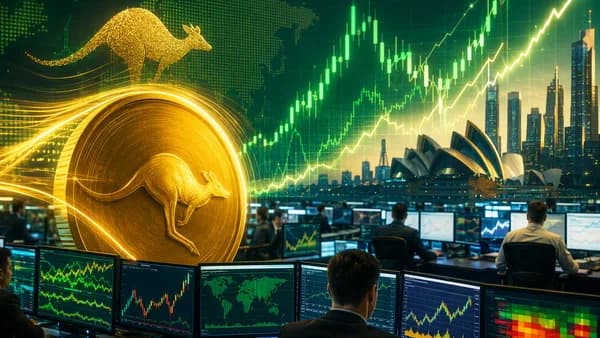 Australian dollar trading scene with bullish charts, inflation heatmap, and modern market data displays