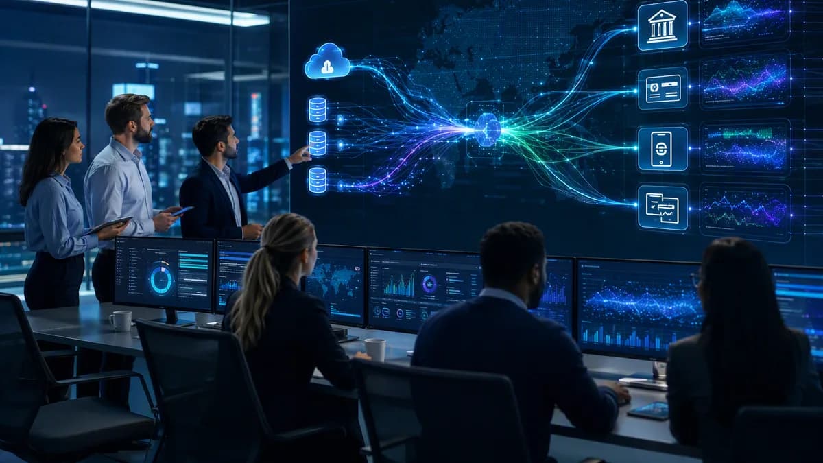 AI fintech reconciliation platform connecting cloud banking data in a modern finance operations center