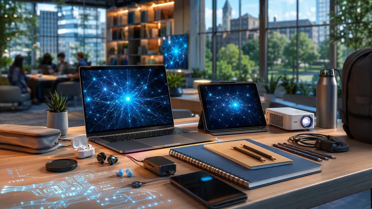 Futuristic student desk with laptop, earbuds, projector, pencils, and AI screens in a modern tech workspace.