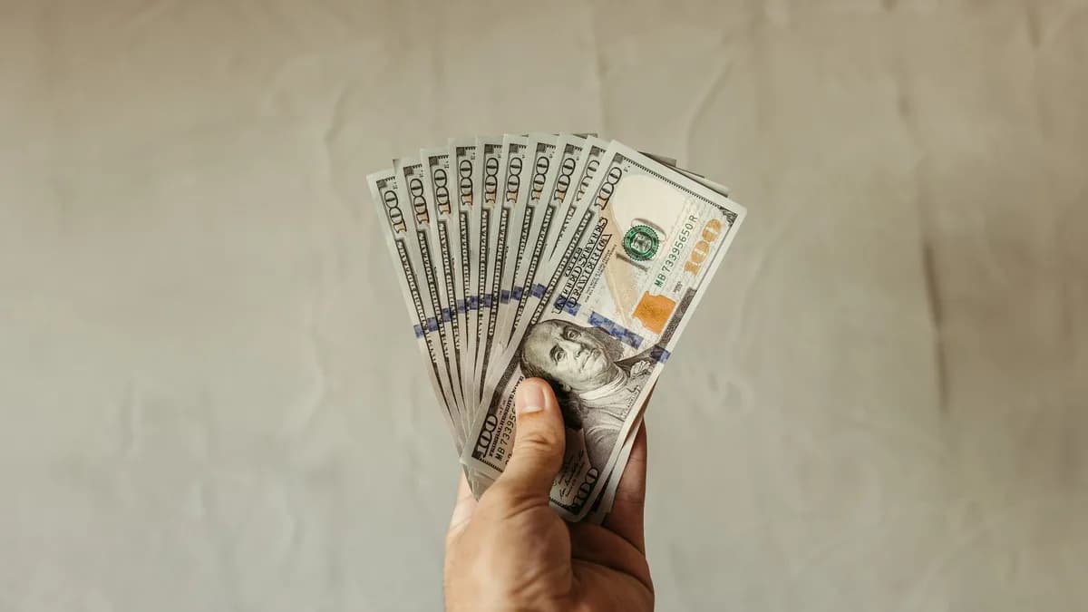A close-up of a hand holding multiple US dollar bills, showcasing wealth and finance concepts.