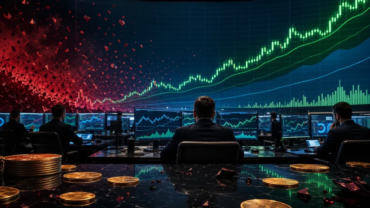 Crypto trading desk with rising market charts and fading selloff signals, suggesting exhausted forced selling.