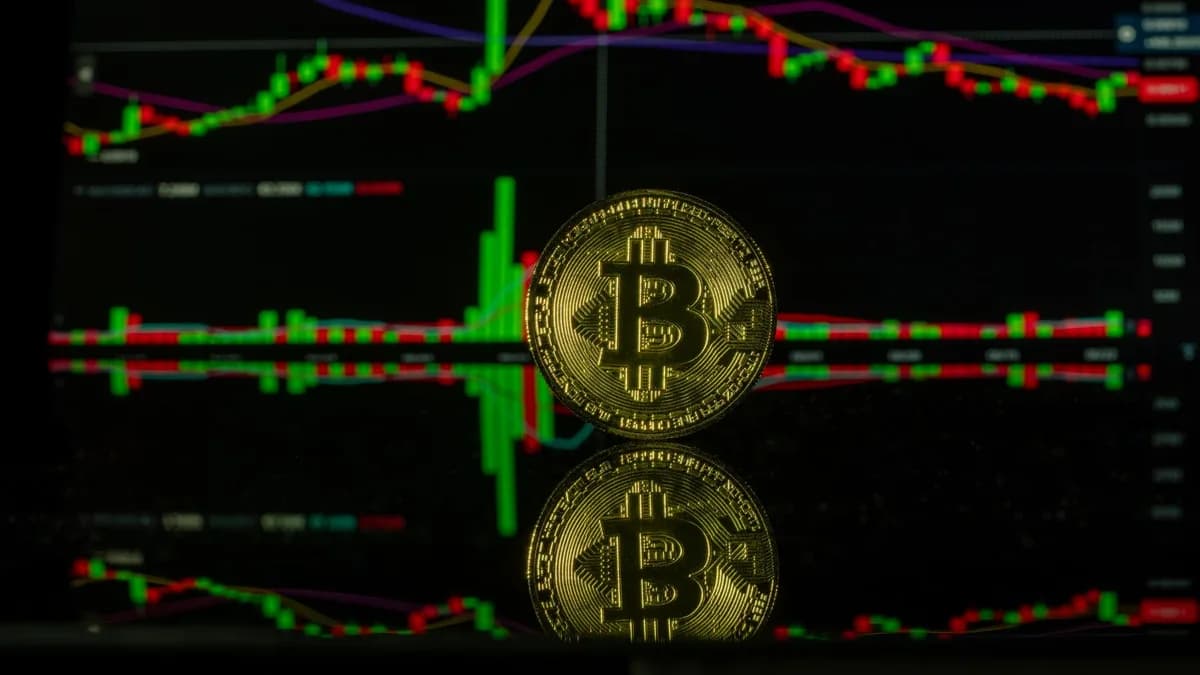Bitcoin coin against a trading chart background showcasing market trends. Captured in Valencia.