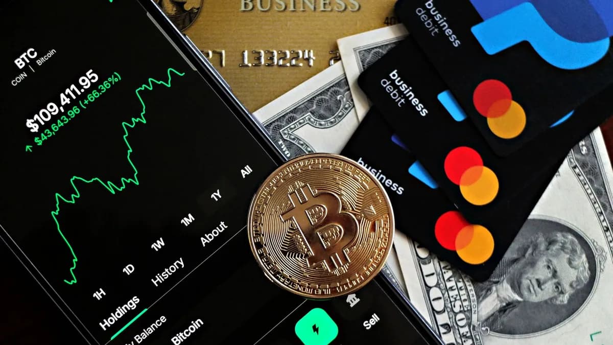 A dynamic image showcasing Bitcoin, credit cards, and financial apps for investment enthusiasts.
