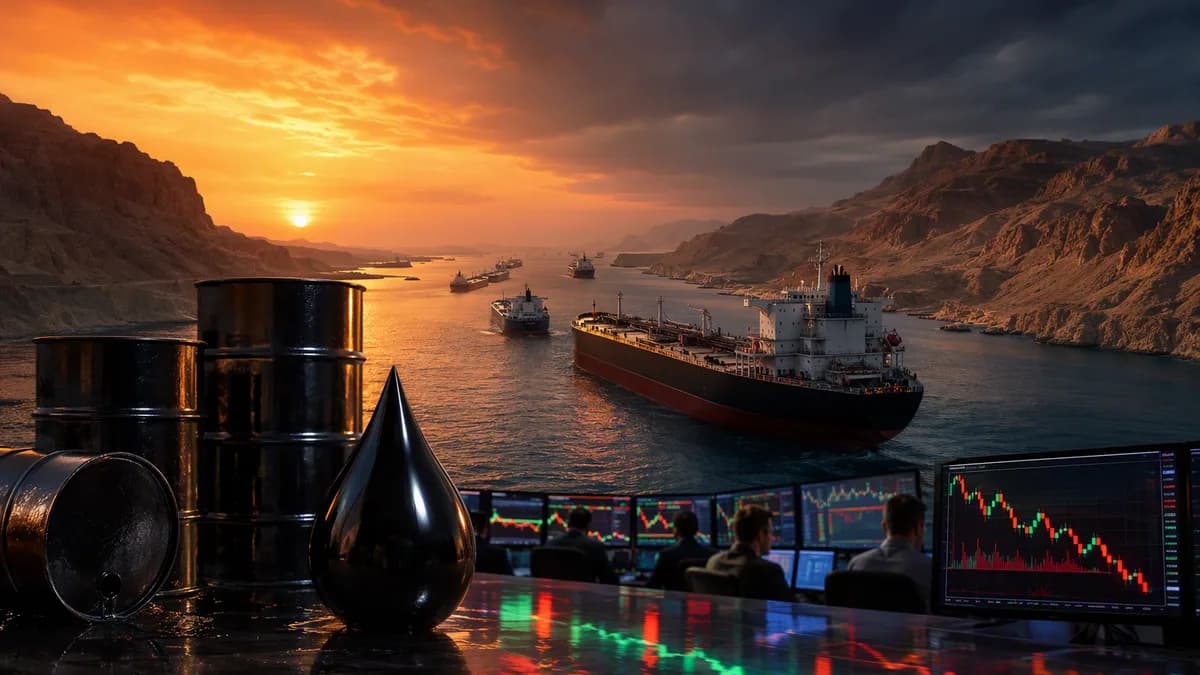 Oil barrels, stalled tankers, and market charts evoke falling crude prices and supply risk.