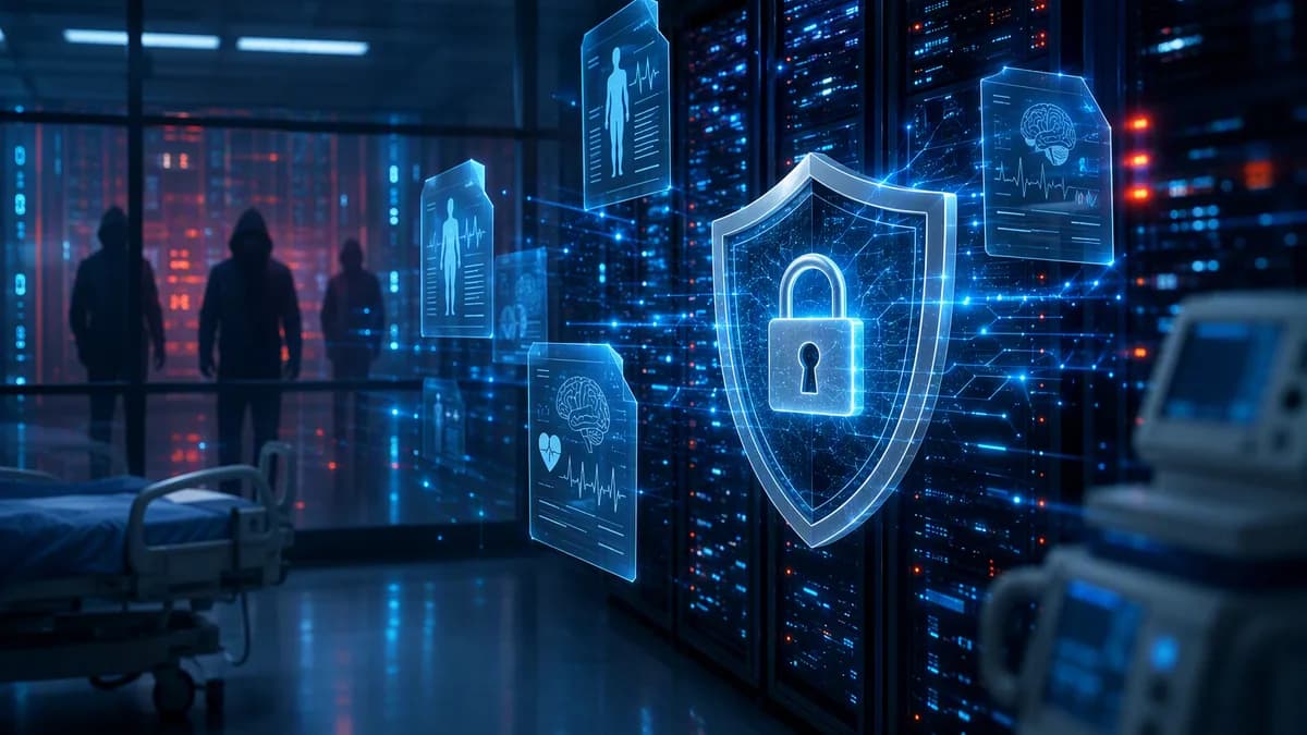 Dark healthcare data center with shield, lock, and medical records symbolizing an EHR breach