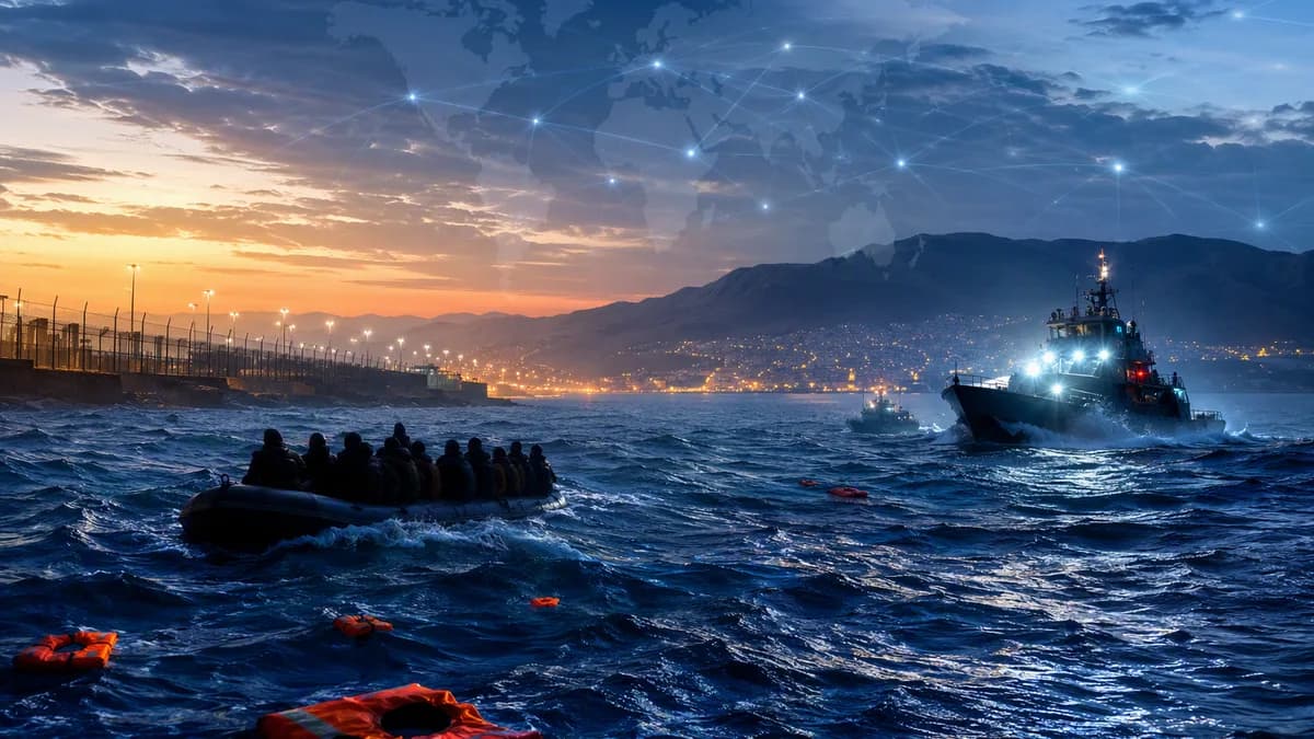 Ceuta sea crossing with migrant boat, patrol lights, border fence, and global map connections at dawn.