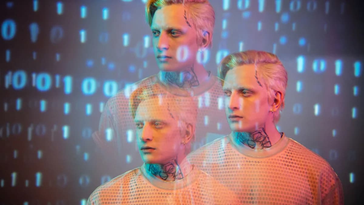Creative portrait of a man with binary code overlay, blending fashion and digital art.