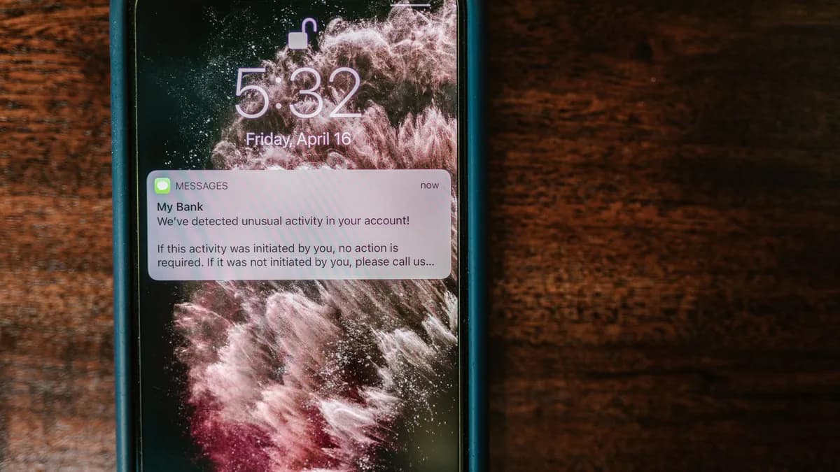 Close-up of a smartphone displaying a bank alert notification on a wooden table.
