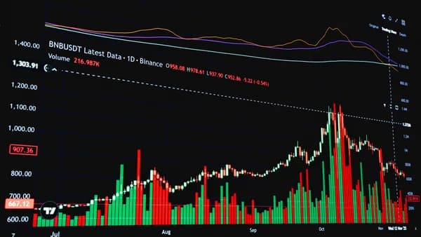 Close-up of a cryptocurrency market graph focusing on BNB price and volume trends over time.