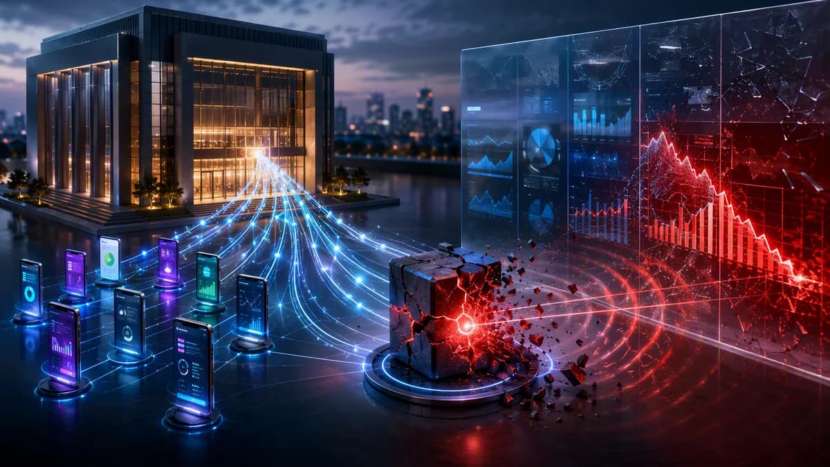 Digital bank network with one cracked fintech node symbolizing BaaS concentration risk and financial damage.