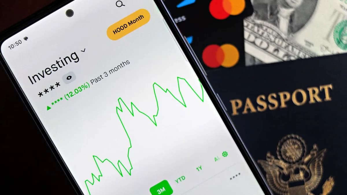 Smartphone showing stock market app with travel essentials: passport, money, and cards.